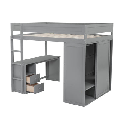 Harper & Bright Designs Gray Full Size Loft Bed with Integrated Desk and Wardrobes - WoodArtSupply