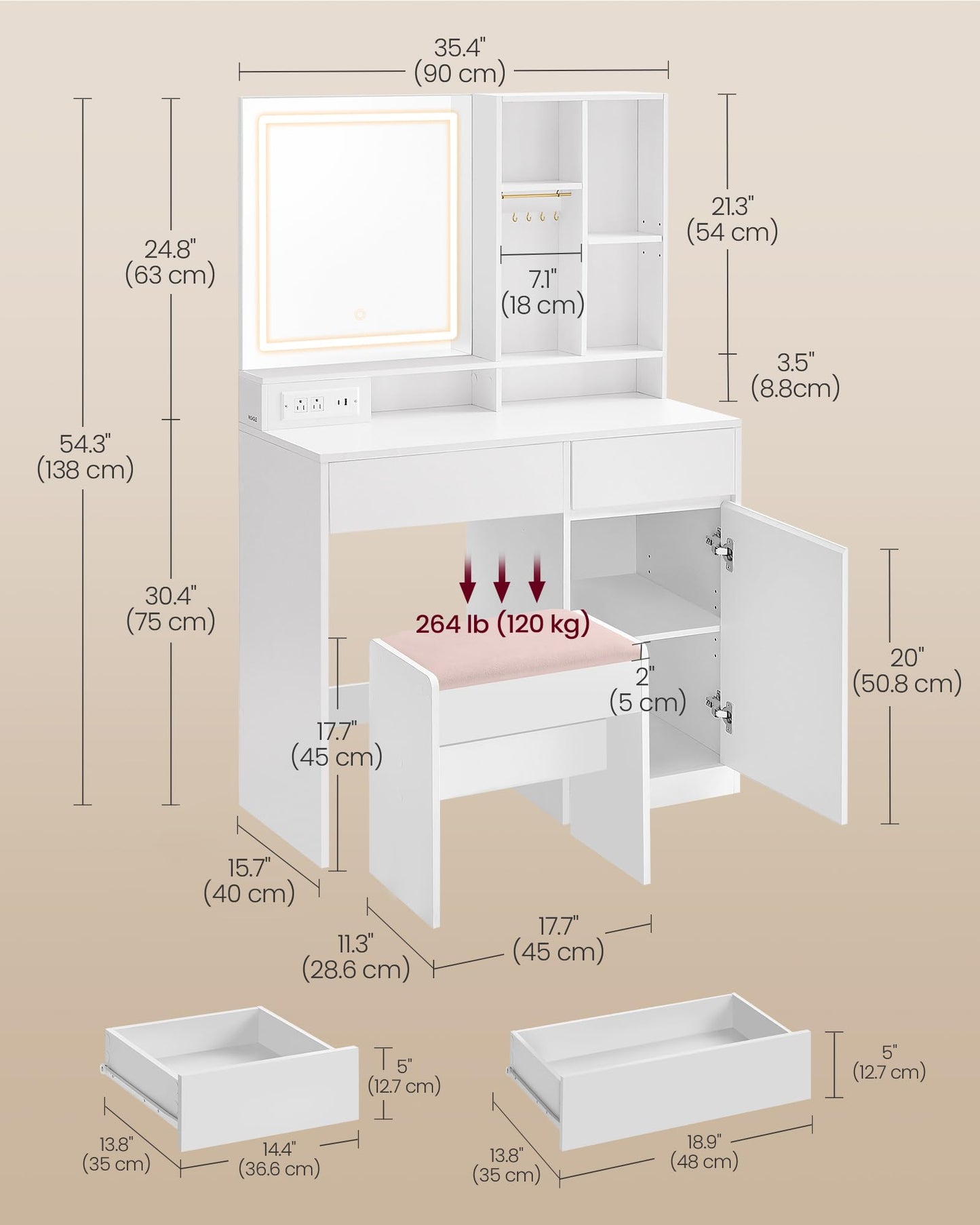 VASAGLE Vanity Desk with Mirror and Lights, Power Outlets, Vanity Table Set with Stool, Drawers, 35.4-Inch Wide Makeup Vanity, Jewelry Storage, Adjustable Shelves, for Bedroom, Cloud White URDT132W02