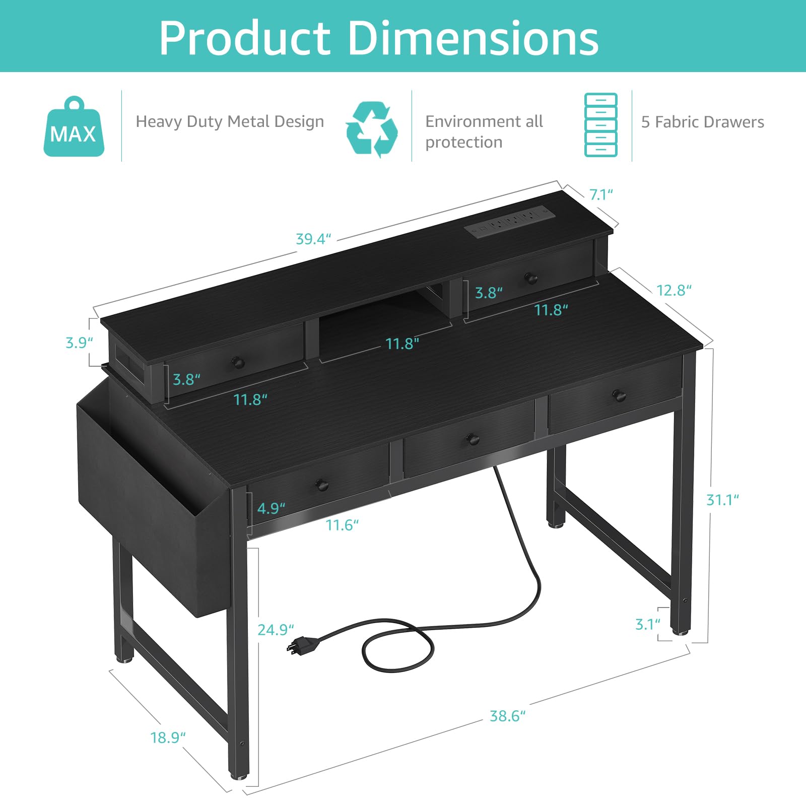 Lufeiya Computer Desk with Drawers for Home Office Bedroom, 40 inch Black Writing Study Desks with Fabric Drawers Storage, Gaming Desk Table with Power Outlet & Monitor Stand, Black - WoodArtSupply