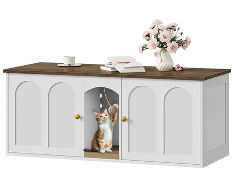 CHOEZON 47.2'' Double Cat Litter Box Enclosure, Hidden Cat Litter Box Furniture with Scratching Board and Dangling Ball, for 2 Cats, White and Walnut MMW02WL CHOEZON