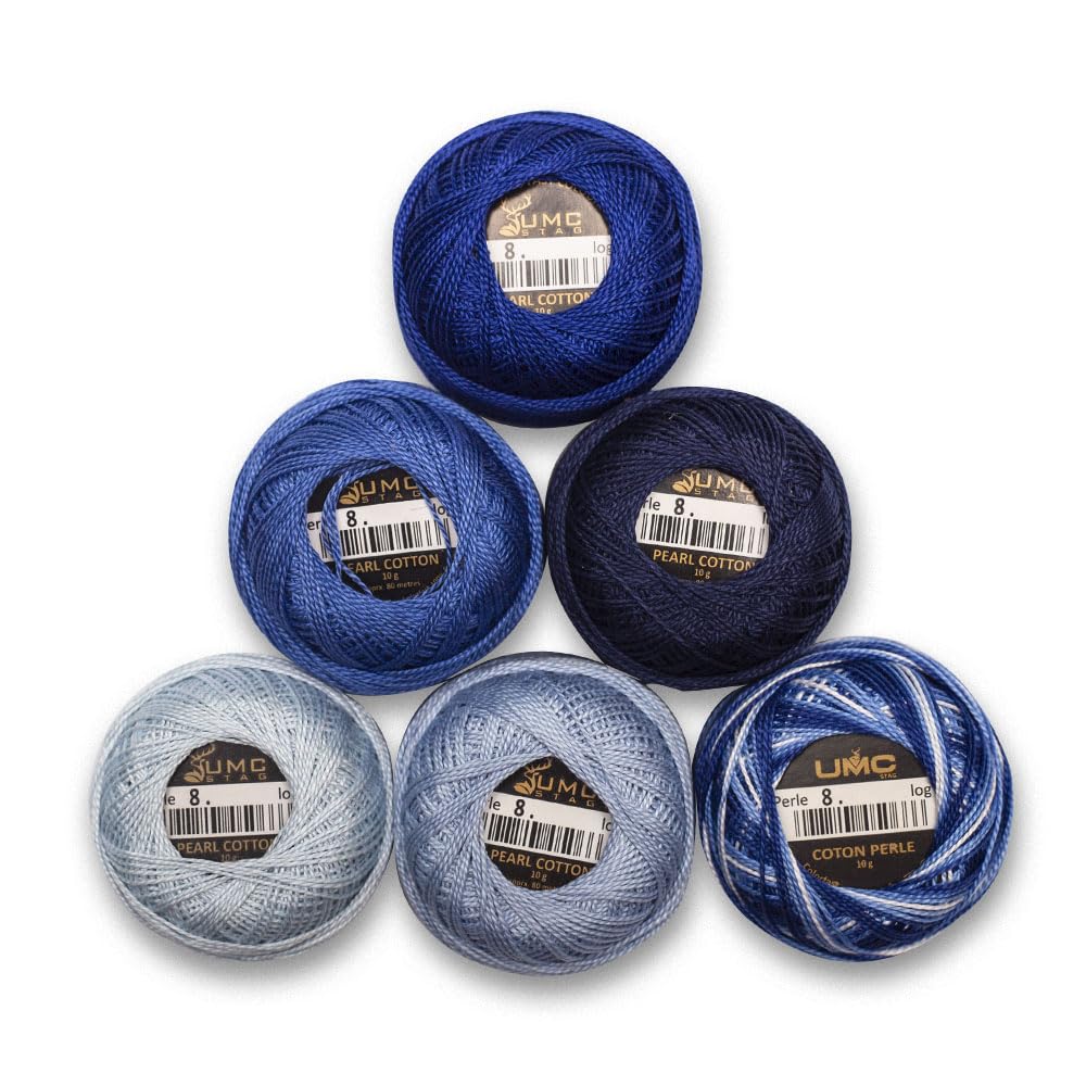 UMC STAG 6 Balls Premium Pearl Cotton Embroidery Thread Size 8 | 100% Egyptian Cotton Crochet Yarn | Cross Stitch Embroidery Yarn | Oeko TEX Certified | 10 Grams per Ball (Blue Tones) UMC STAG