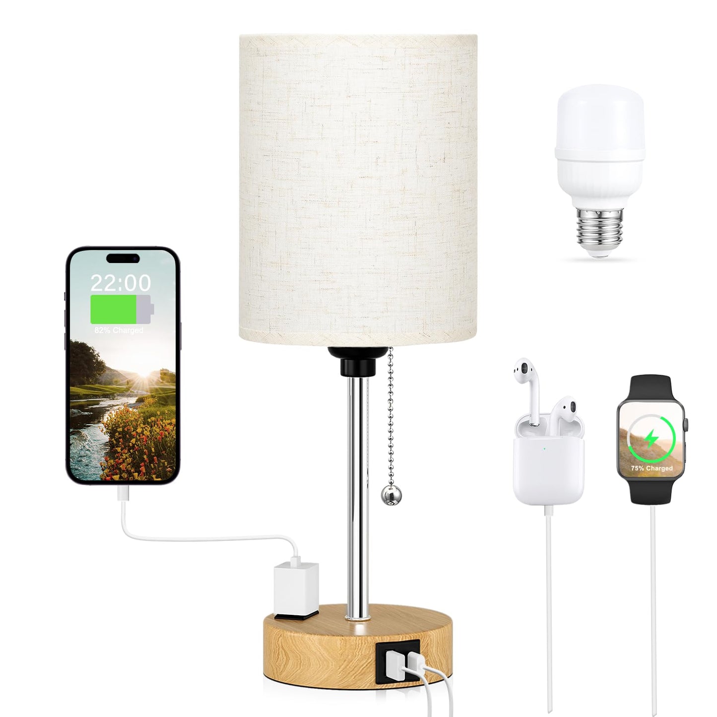 Small Bedside Lamp for Bedroom Nightstand - Table Lamp with USB C and A Port, Pull Chain Bed Lamp with AC Outlet, Nightstand Lamp with Wood Base for Kids Reading, Desk Lamp for Living Room/Dorm Room