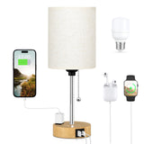 Small Bedside Lamp for Bedroom Nightstand - Table Lamp with USB C and A Port, Pull Chain Bed Lamp with AC Outlet, Nightstand Lamp with Wood Base for Kids Reading, Desk Lamp for Living Room/Dorm Room Dicoool
