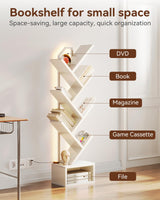 Casaottima White Tree Bookshelf with LED Light Strip — 6-Tier Small Floor Standing Bookcase, Narrow Steel & Wood Book Organizer Shelf with Cabinet, Home Decor for Living Room/Bedroom/Home Office Casaottima