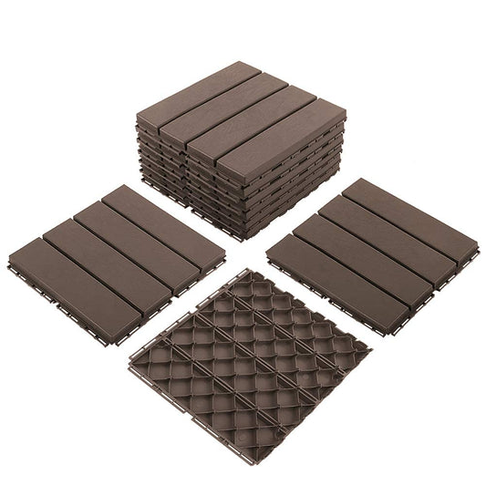 domi Outdoor Living Patio Deck Tiles, 12 x 12 inches Composite Interlocking Decking Tile, Four Slat Plastic Outdoor Flooring, 9 Pieces One Pack, Dark Brown