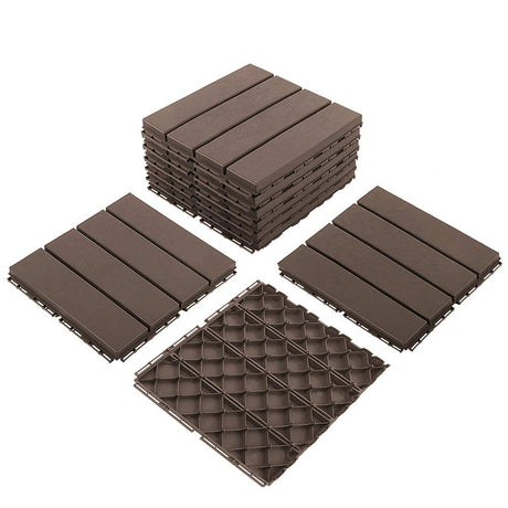 domi outdoor living Patio Deck Tiles, 12 x 12 inches Composite Interlocking Decking Tile, Four Slat Plastic Outdoor Flooring, 27 Pieces One Pack, Dark Brown domi outdoor living