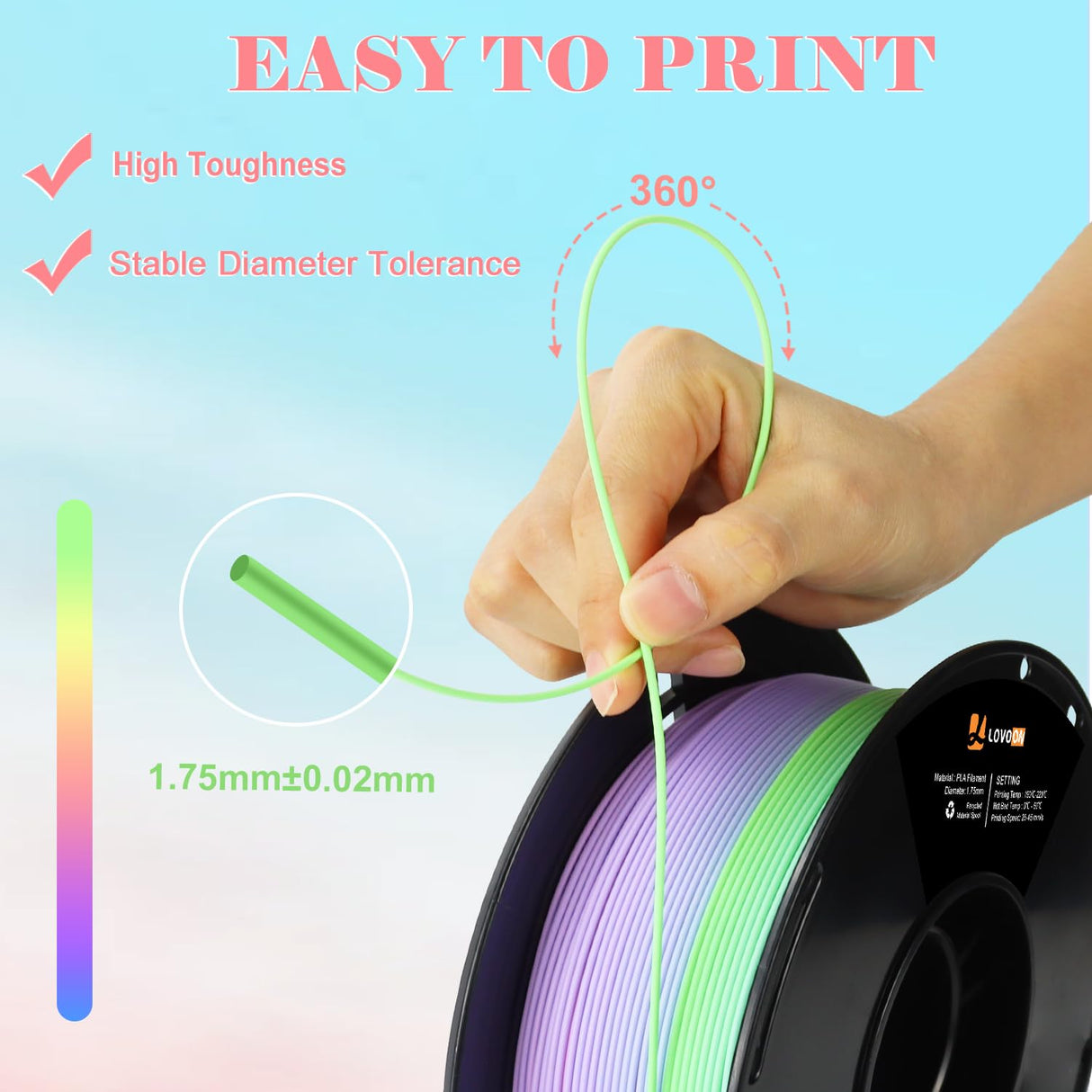 LOVOON Rainbow 3D Printing PLA Filament 1.75mm,Color Shift by Length, Multicolor Changing Filament with Matte Tiffany Blue/Mint Green/Pink/Purple/Peach Fuzz, Fit Most 3D Printer&Pen,1KG(2.2lbs)/Spool LOVOON