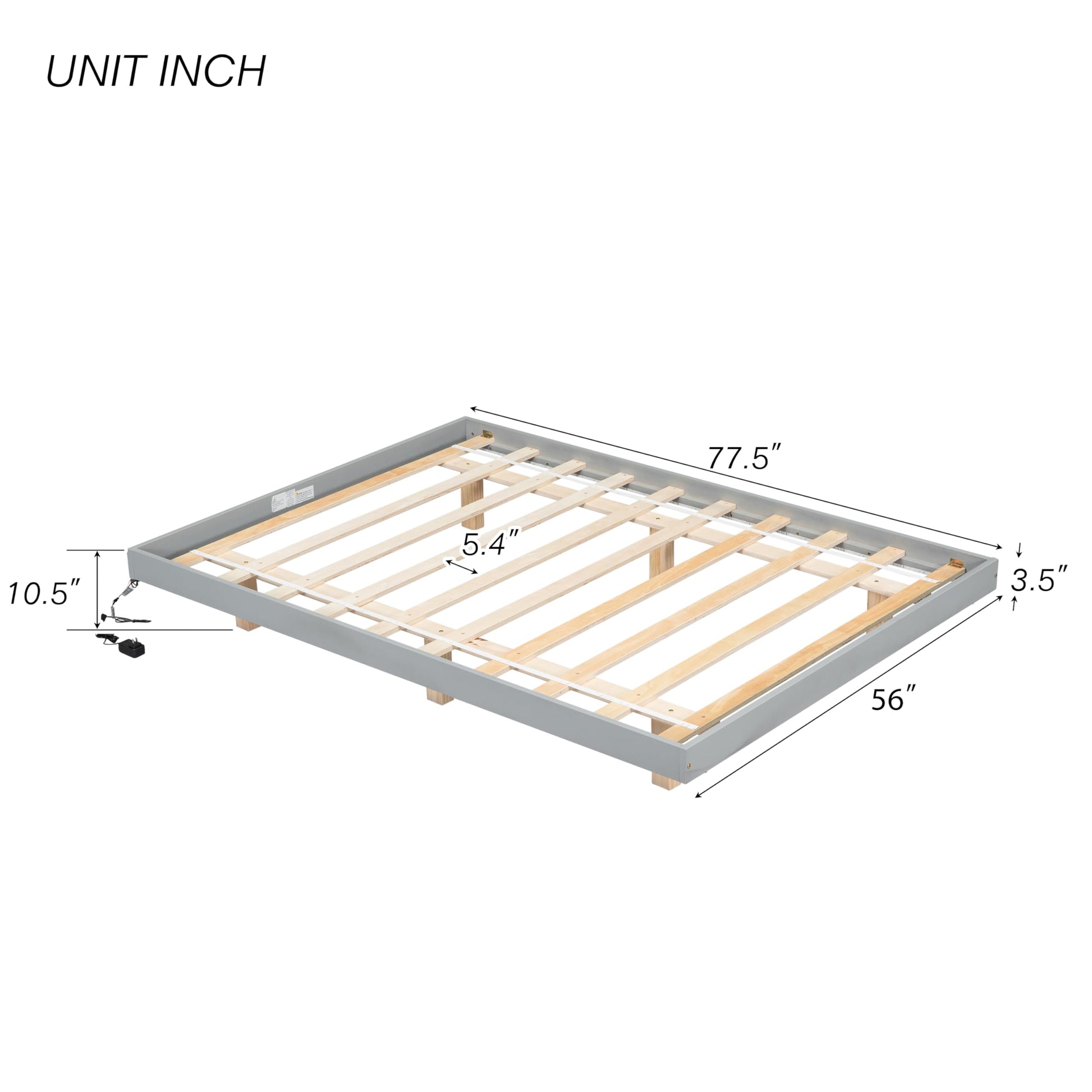 Floating Full-Size Bed Frame with LED Lights in Grey – Modern Low Profile Design with Solid Pine Wood Construction - WoodArtSupply