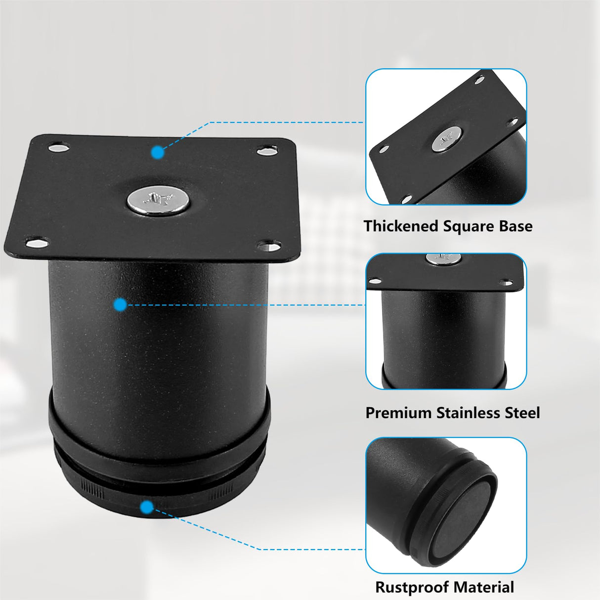 Kyuionty Set of 4 Stainless Steel Furniture Legs 2 Inch, Adjustable Round Cabinet Legs 2" Dia Kitchen Feet, Metal Replacement Legs for Cabinet Sofa Couch Shelves Table (Black) Kyuionty