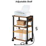 HOOBRO Industrial Printer Stand with Charging Station, 3-Tier Printer Table, Rolling Printer Cart with Adjustable Shelf and Hook, Rustic Brown and Black BF28UPS01 HOOBRO