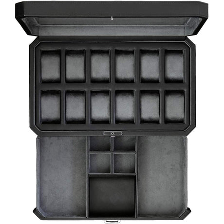 ROTHWELL 12 Slot Leather Watch Box with Valet Drawer - Luxury Watch and Jewelry Case Display Organizer, Microsuede liner, Mens Locking Storage Holder Large Glass Top (Black/Grey) ROTHWELL