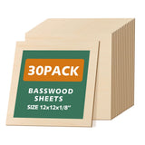 30 Pack Basswood Sheets 1/8", 12 x 12 Plywood Basswood Sheets for Laser Cutting and Engraving, 3 mm Unfinished Wood Sheets Basswood for Wood Burning Models Carving Painting DIY Ornaments Sukhumvit