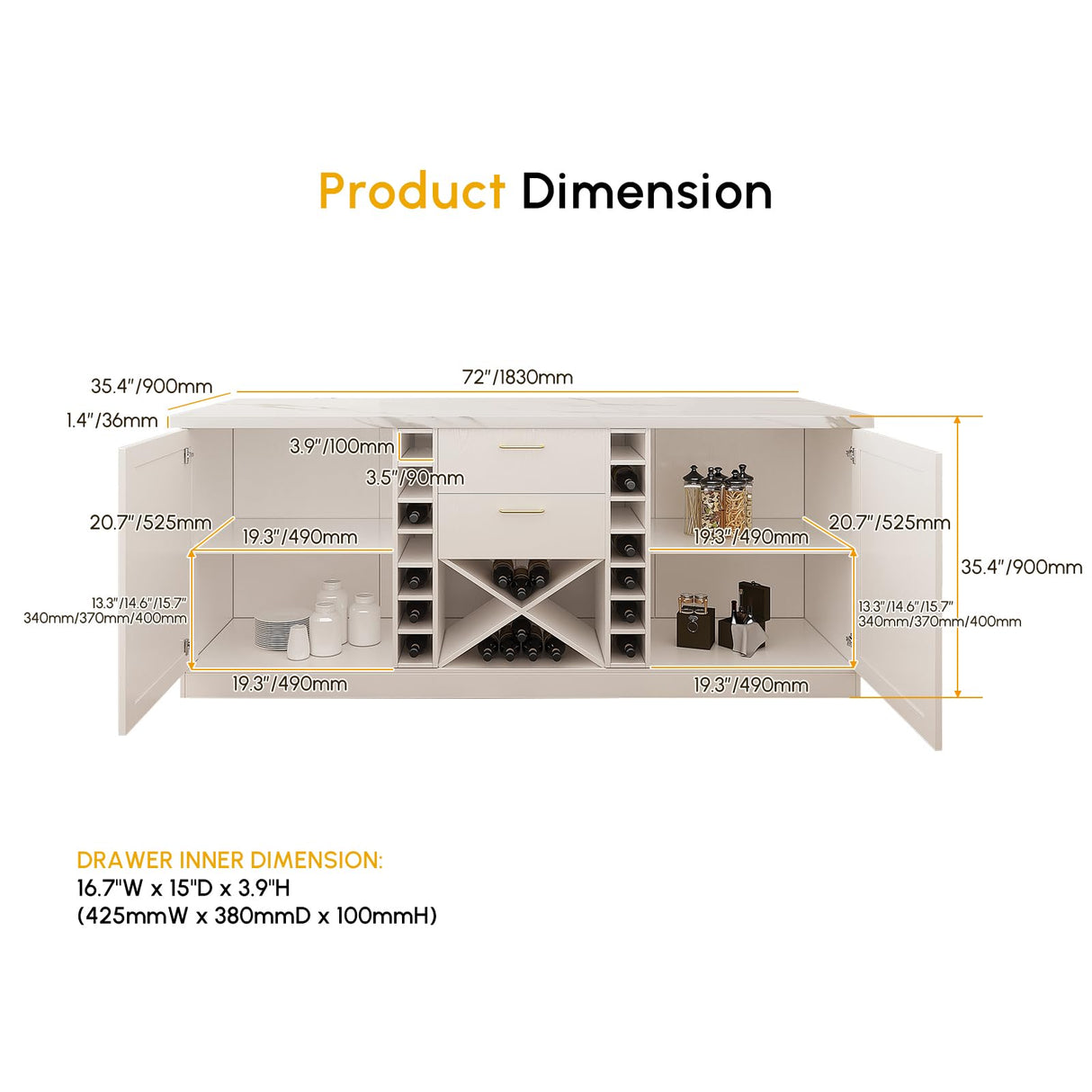 homary 72'' Kitchen Island with Seating Island Table with Wine Storage & 2 Drawers Marble Dining Table for 4 People homary