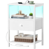 BOLUO White Nightstand with Charging Station, LED Night Stand with Fabric Drawers and Shelf, Bedside Table with USB Ports and Outlets, Bedroom Nightstand Modern BOLUO