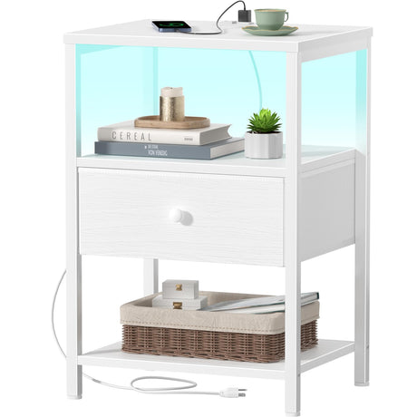 BOLUO White Nightstand with Charging Station, LED Night Stand with Fabric Drawers and Shelf, Bedside Table with USB Ports and Outlets, Bedroom Nightstand Modern BOLUO