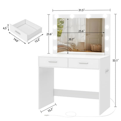 FIONESO Vanity Desk with Large Mirror, Makeup Vanity Table with Power Strip, 10 Lights & 2 Drawers, Dressing Table Set with 3 Lighting Color Adjustable for Women and Girls, Bedroom, White