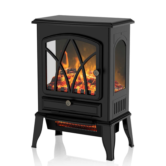 Electric Fireplace Stove with Realistic Flame Effects, 16" Infrared Fireplace Heater Freestanding, Adjustable Brightness and Thermostat, Overheating Safe Design, 1000W/1500W