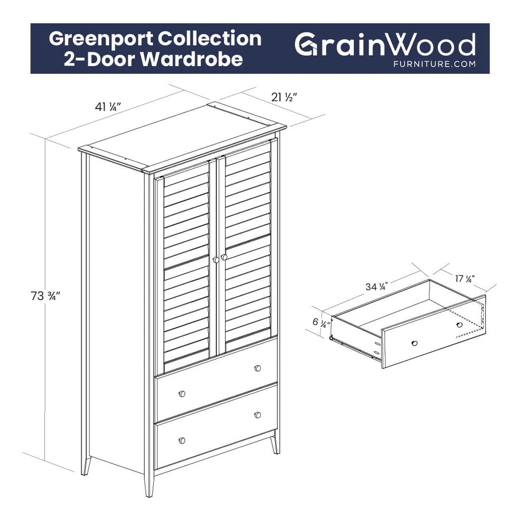 Grain Wood Furniture Greenport 2-Door Wardrobe, Solid Wood with a Brushed Walnut Finish Grain Wood Furniture