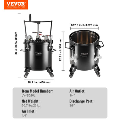 VEVOR Spray Paint Pressure Pot, 20L/5gal Pressure Pot Tank, 70 psi Adjustale Pressure, Steel Pressure Pot Paint Tank with Casters and Leak Repair Sealant, for Home Decor and Industry Painting - WoodArtSupply