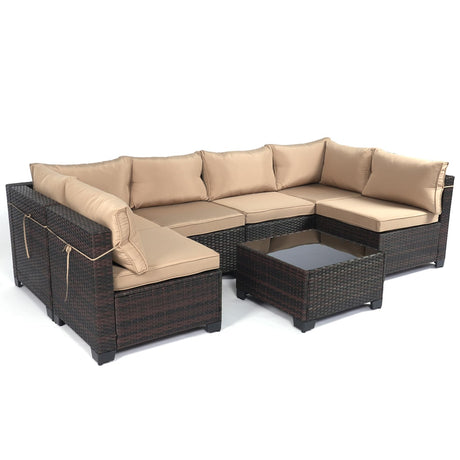 LEVELEVE 7 Pieces Outdoor Patio Furniture Sets,Rattan Conversation Sectional Set,Manual Weaving Wicker Patio Sofa with Tea Table LEVELEVE