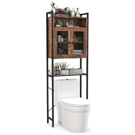 Tangkula Over The Toilet Storage Cabinet, 5-Tier Bathroom Space Saver w/2 Metal Mesh Doors & 3-Position Adjustable Shelf, Freestanding Storage Cabinet w/Heavy Duty Metal Frame (Rustic, Brown) Tangkula
