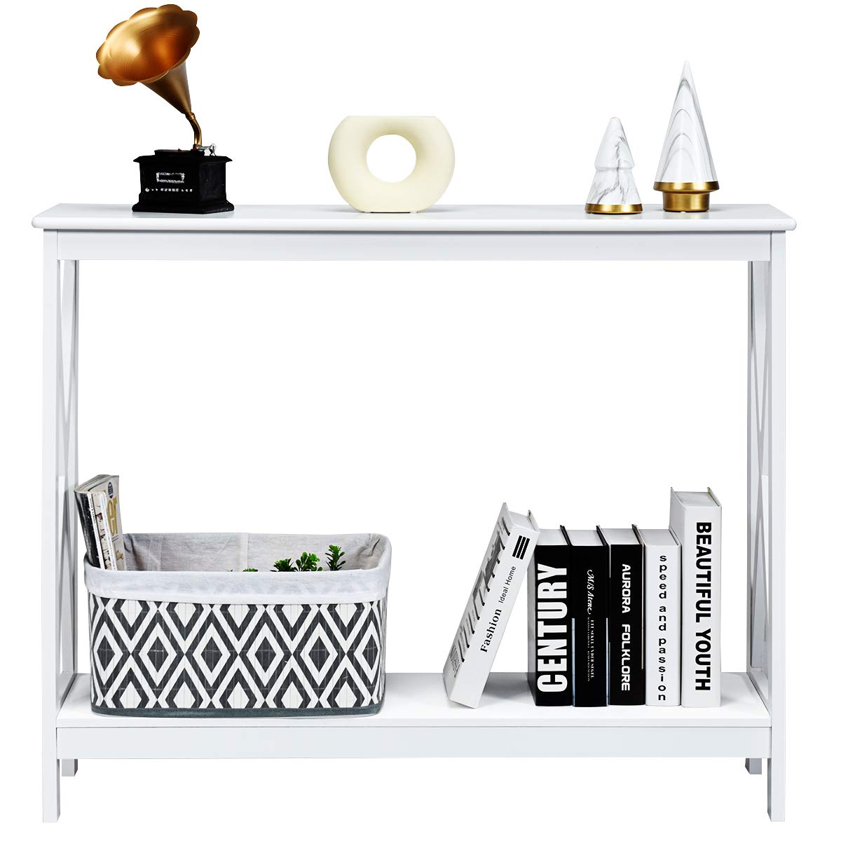 Giantex Console Table 2-Tier with Storage Shelf,X-Design Bookshelf Narrow Accent Table for Entryway Hallway Living Room Sofa Side Table (White) Giantex