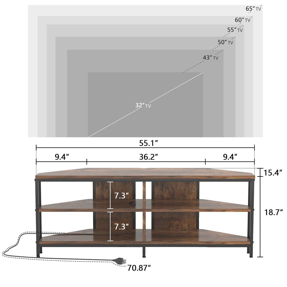 MUTUN Corner TV Stand with Power Outlet, Corner TV Stand for 32 43 50 55 60 Inch TV, Corner Entertainment Center, Industrial TV Console Table for Living Room Bedroom, 55 Inch, Rustic Brown MUTUN