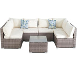 7 Pieces Outdoor Wicker Rattan Patio Furniture Sectional Set, Outdoor Furniture Sectional Sofa with Soft Cushion and Tempered Glass Table for Garden, Backyard, Balcony, Poolside, Grey and Beige BRRYIN