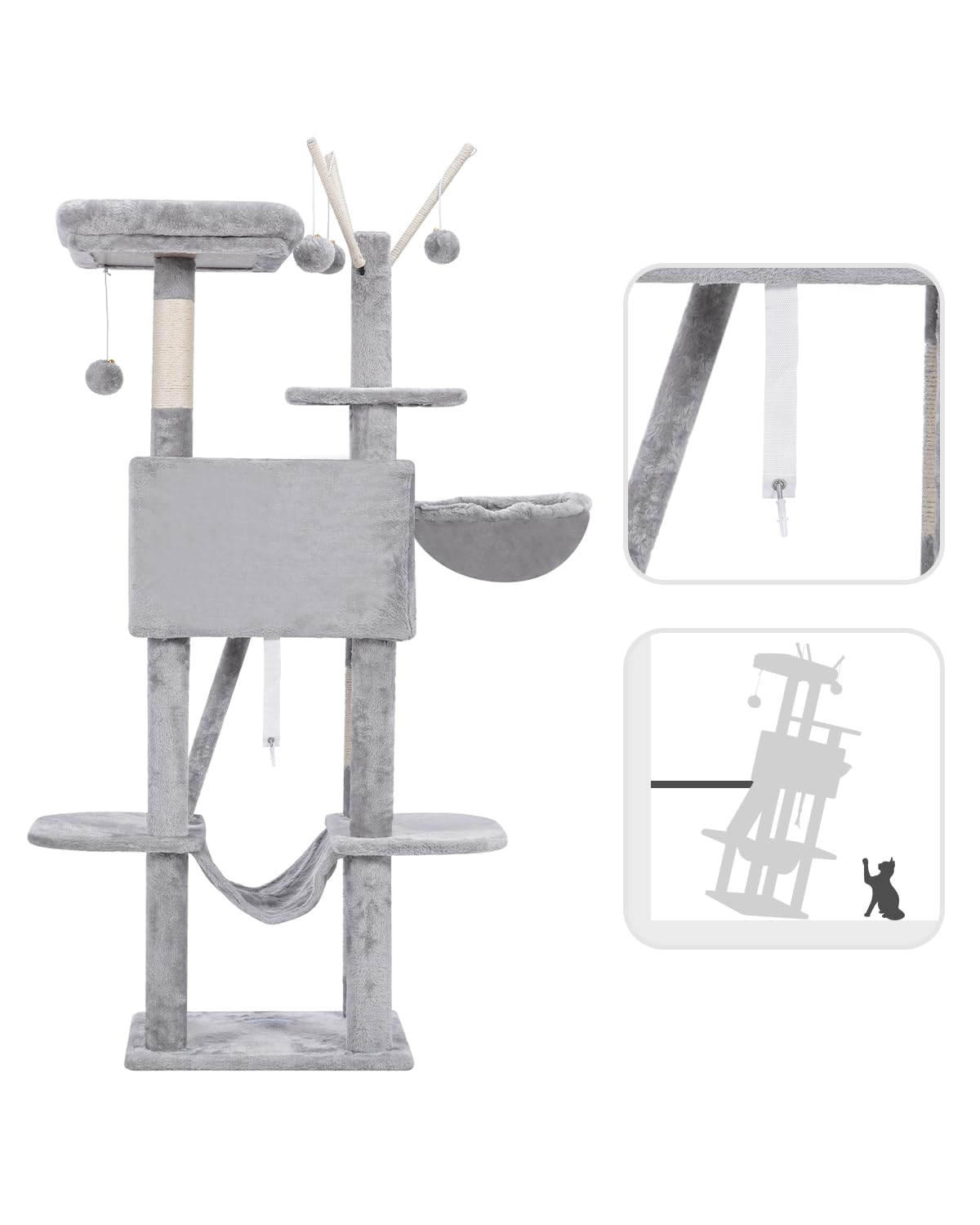 Hey-brother Cat Tree, 53 inch Cat Tower for Indoor Cats, Cat House with Padded Platform Bed, Toy Balls, Large Cozy Condo, Hammocks and Sisal Scratching Posts, Light Gray MPJ019-SW Hey-brother