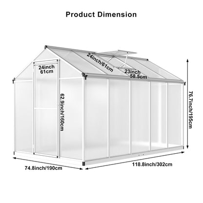 TROPOW 6.25 x 10 Ft Greenhouse for Outdoors with Quick Structure, Aluminum Alloy & Polycarbonate Green House with 24" x 23" Roof Windows Vent, Walk in Sunroom for Patio, Backyard, Garden,Silv - WoodArtSupply