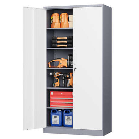 STANI Metal Garage Storage Cabinet with Lock, 71" Steel Lockable File Cabinet, Locking Steel Storage Cabinet with 4 Adjustable Shelves for Home, Office, Warehouse, Garage, School (White+Grey) STANI