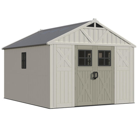 Patiowell 10x12 FT Outdoor Storage Shed with Floor and Lockable Door, All Weather Plastic Shed Garden Shed with Skylight and Multiple Windows for Backyard, Patio, Lawn, Beige Patiowell