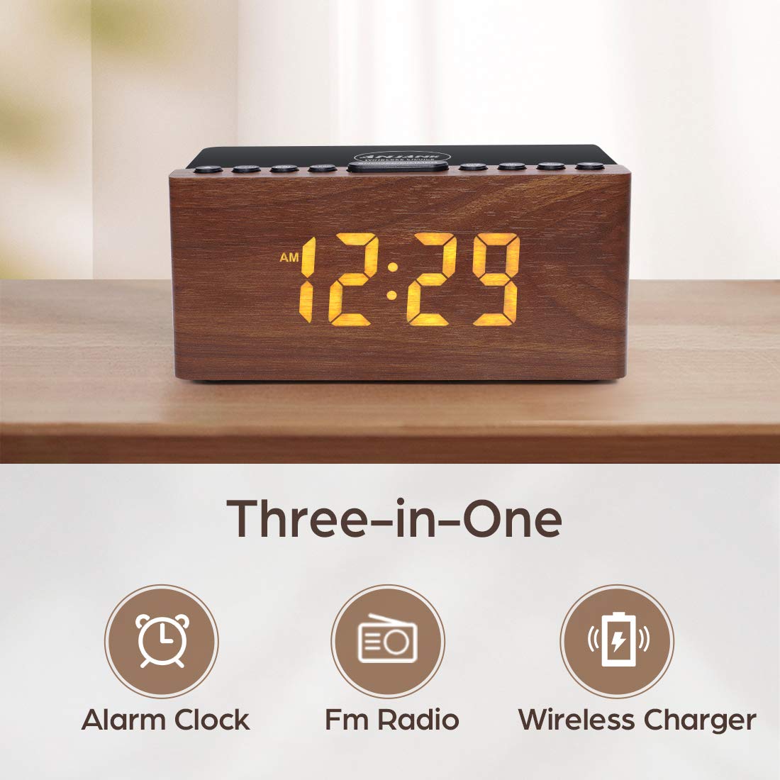 ANJANK Digital LED Alarm Clock FM Radio, Fast Wireless Charger Station for iPhone/Samsung Galaxy, 5 Level Dimmer, USB Charging Port, 2 Sounds, Sleep Timer for Bedroom, Bedside, Desk - Wood ANJANK