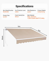 VEVOR Manual Retractable Awning, 12 x 10 ft Outdoor Patio Awning Retractable Sun Shade, Patio Door Window Water-Resistant Polyester Awning Sunshade Shelter with Crank Handle for Balcony, Backyard VEVOR