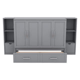 Full Size Murphy Wall Bed With Storage and Bookcase Headboard, Solid Wood Cabinets With Shelves, Drawers and USB Ports, Multi-Function Platform for Home Office, Guest Room - Gray Harper & Bright Designs
