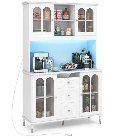 LOKO 73'' Kitchen Pantry Storage Cabinet, Freestanding Buffet Cabinet with LED Lights & Power Outlets, Kitchen Hutch with Microwave Stand, Adjustable Shelves, Doors and Drawers, for Dining Room, White LOKO