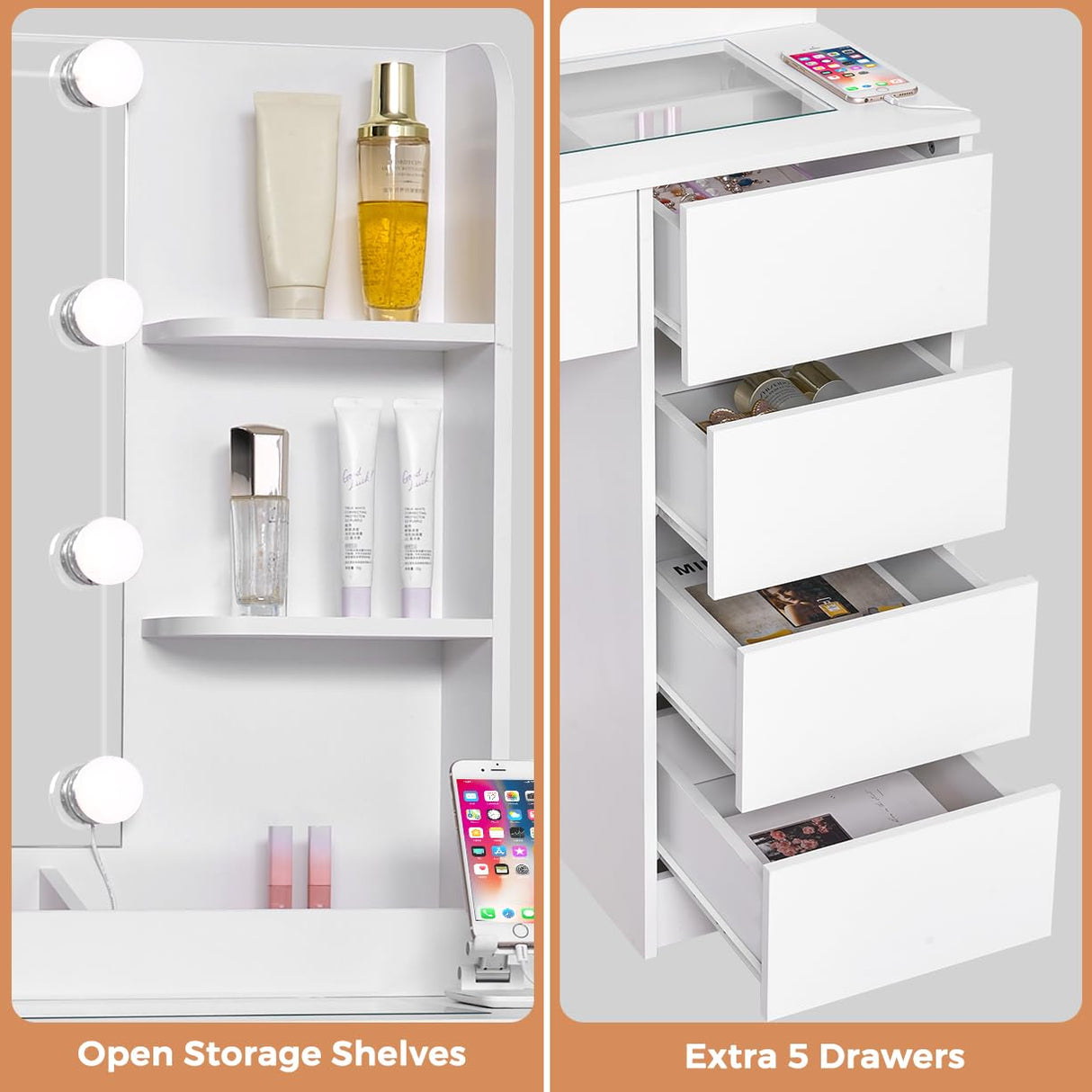 ANWBROAD Makeup Vanity Desk with Lighted Mirror & Power Outlet 35.4" Vanity Table Set with Glass top 5 Drawers Shelves Small Modern Dressing Table 3 Lighting Colors Stool Bedroom White Girls UBDT74W ANWBROAD