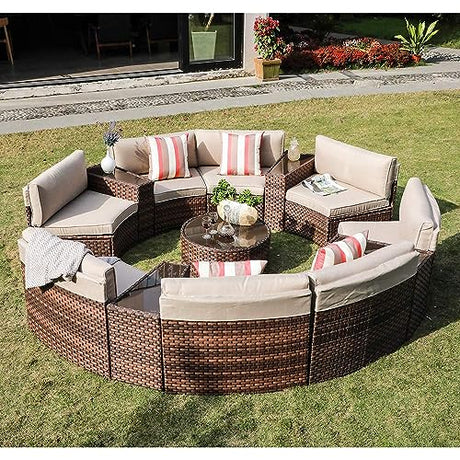 SUNSITT Outdoor Patio Furniture Set 13-Piece Round Sectional Sofa Curved Wicker Sofa with 4 Side Table and Pillows, Brown Rattan & Beige Cushion SUNSITT