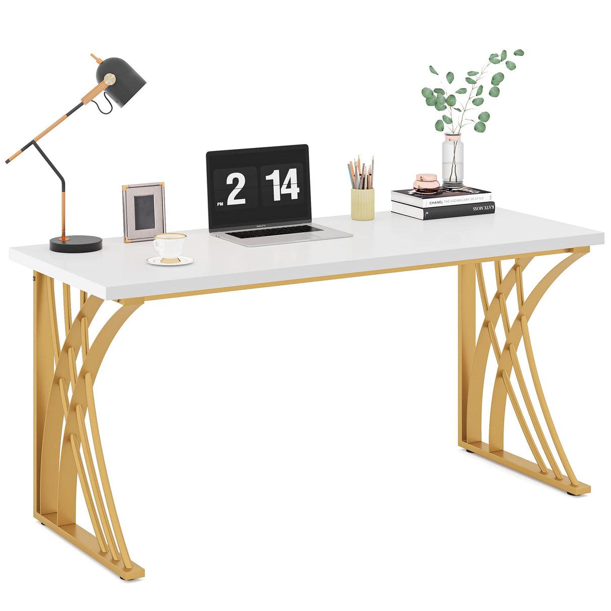 Tribesigns 55’’ Large Modern Computer Desk, White & Gold Luxury Laptop PC Student Table, Makeup Vanity Table with Thick Frame & Strong Legs, Sturdy Writing Workstation for Home & Office Tribesigns