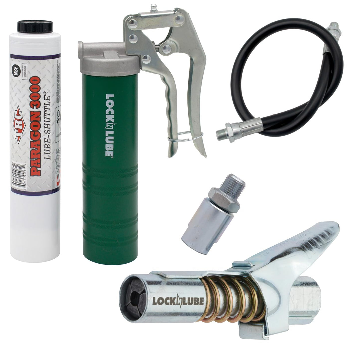LockNLube Spin-On Pistol-Grip Grease Gun Kit. Includes: 1 Tube Grease, The Grease Coupler Plus a Heavy-Duty 20" Grease Hose and in-line Hose Swivel. LockNLube