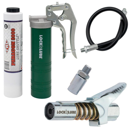 LockNLube Spin-On Pistol-Grip Grease Gun Kit. Includes: 1 Tube Grease, The Grease Coupler Plus a Heavy-Duty 20" Grease Hose and in-line Hose Swivel. - WoodArtSupply