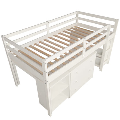 Harper & Bright Designs Twin Loft Bed with Desk, Low Study Loft Bed Frame with Storage Cabinet and Rolling Portable Desk for Kids and Teenagers, Twin Size, White