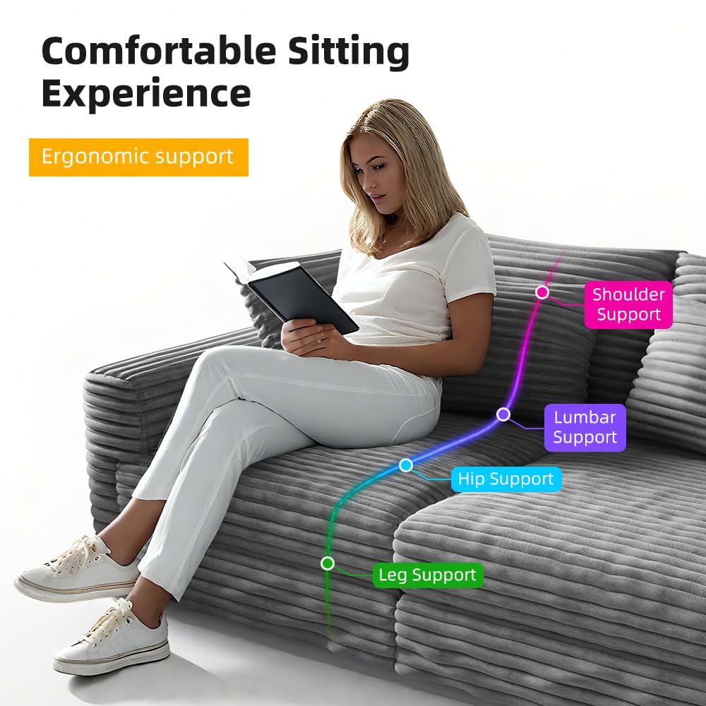 4 Seater Oversized Sectional Sofa with Movable Ottoman, 104" Plush Corduroy Upholstered Cloud Sofa Couches, 2-in-1 Convertible Lounge Sleeper Sofabed w/ 6 Throw Pillows for Living Room Apartment Eafurn