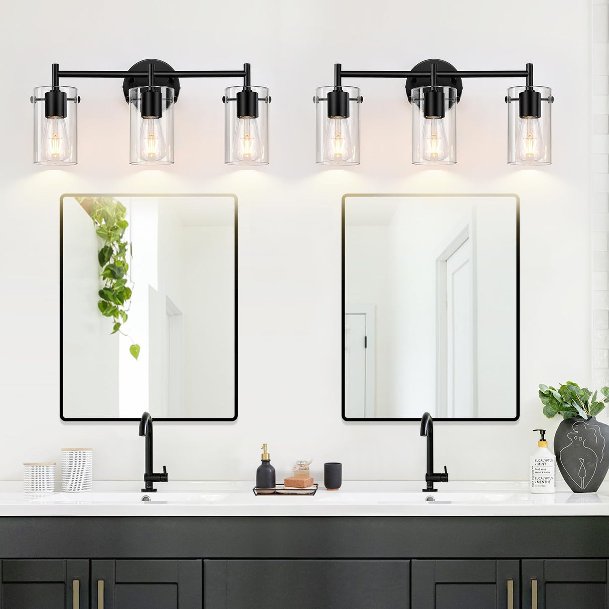 Bathroom Light Fixtures 2023 Upgrade, 3-Light Matte Black Bathroom Vanity Light, Black Bathroom Lights Over Mirror with Clear Glass Shade, Bathroom Wall Sconces for Mirror Bedroom Living Room Hallway Indoi