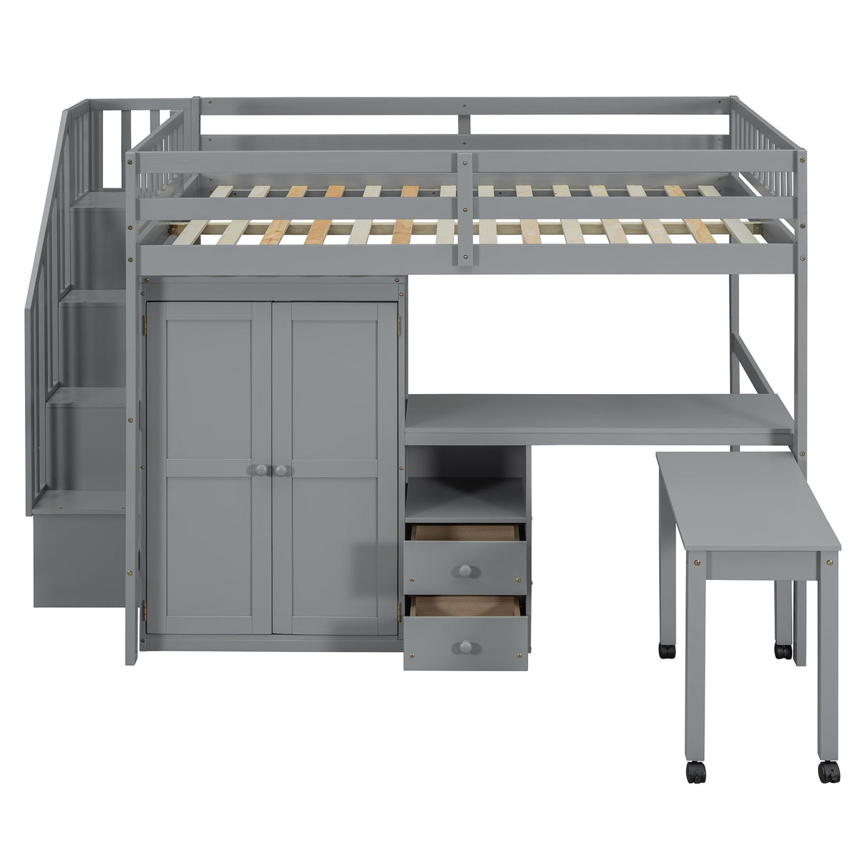 Harper & Bright Designs Full Size Loft Bed with Stairs and Bookshelf, Wood Full Storage Bed with Desk & Wardrobe, Space-Saving Multifunctional Furniture for Kids & Teens - Gray Harper & Bright Designs