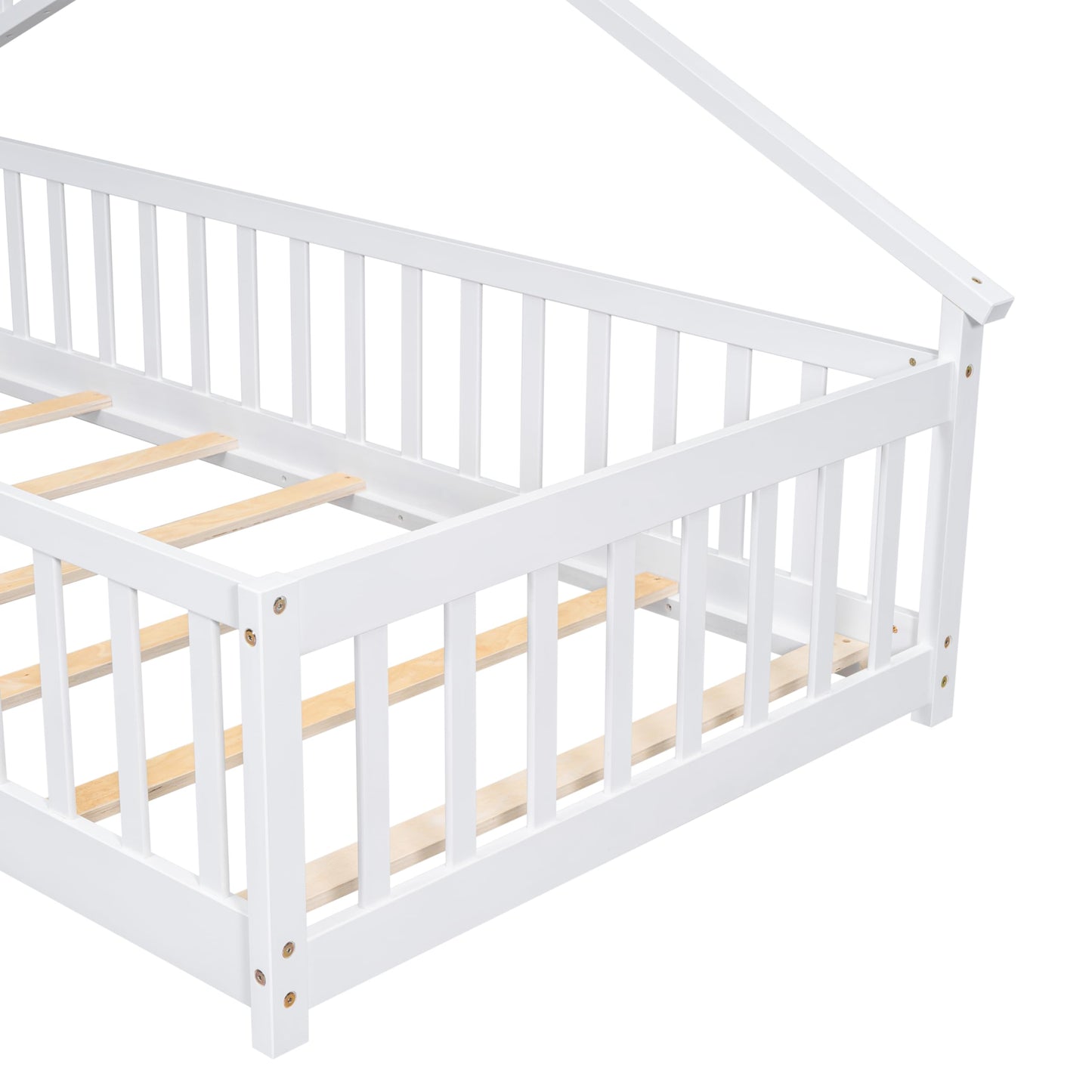 Harper & Bright Designs White Twin Montessori Floor Bed Frame with House-Shaped Roof and Guardrails - WoodArtSupply