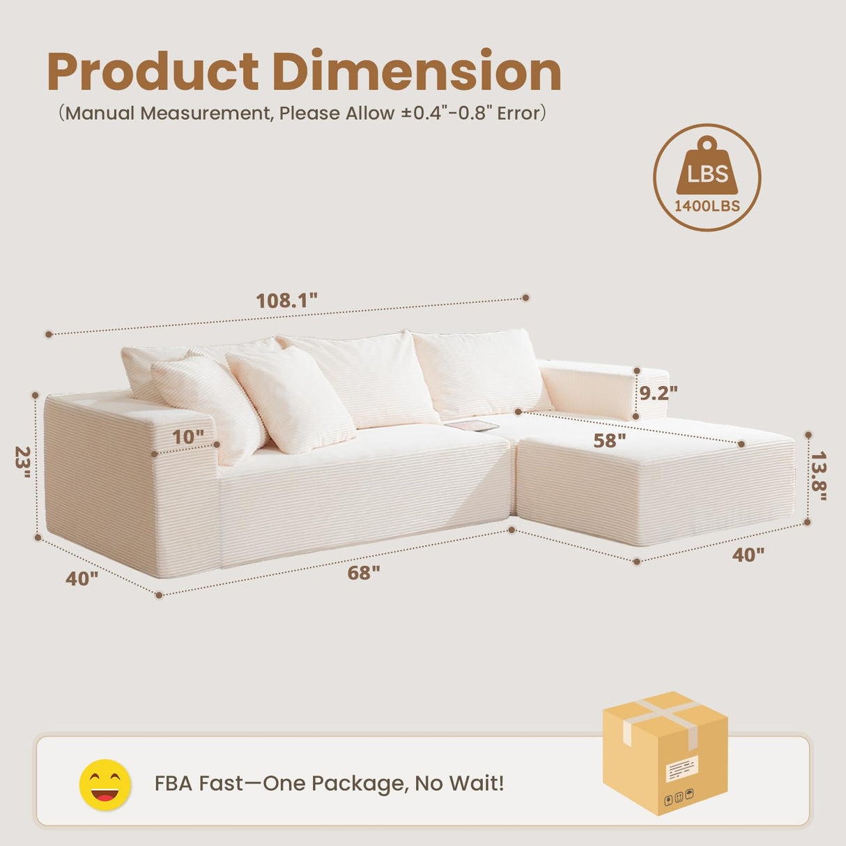 Modular Sectional Sofa, 108" L-Shaped Boneless Couch with Deep Seat, Corduroy Cloud Couch for Living Room, Bedroom, No Assembly Required, Ship in a Box, Beige RUMBALUXY