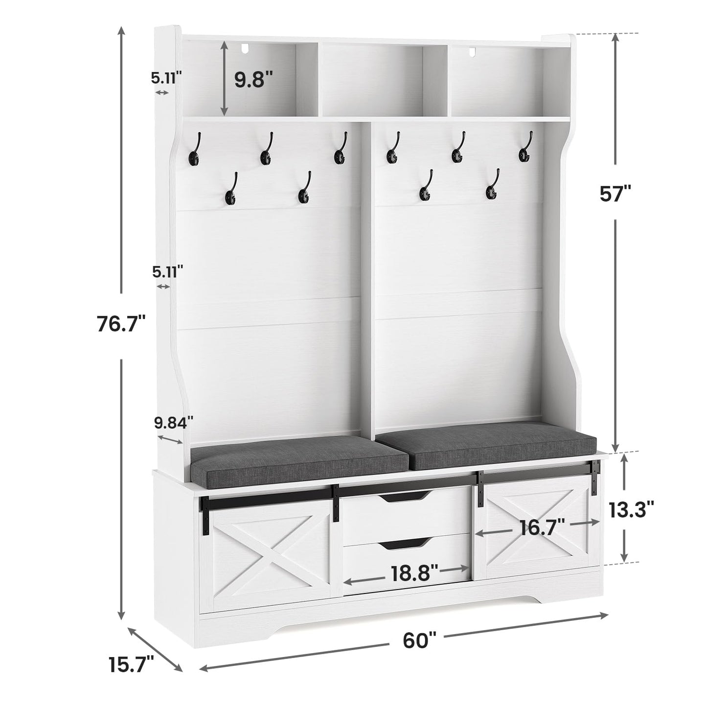 UPOSOJA Hall Tree with Bench and Shoe Storage, Entryway Bench with Coat Rack, Modern Farm House Barn Door 3-in-1 Hall Tree with Storage Cushioned Bench Stool and Hooks for Hallway, Living Room (60IN)