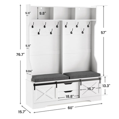 UPOSOJA Hall Tree with Bench and Shoe Storage, Entryway Bench with Coat Rack, Modern Farm House Barn Door 3-in-1 Hall Tree with Storage Cushioned Bench Stool and Hooks for Hallway, Living Room (60IN)