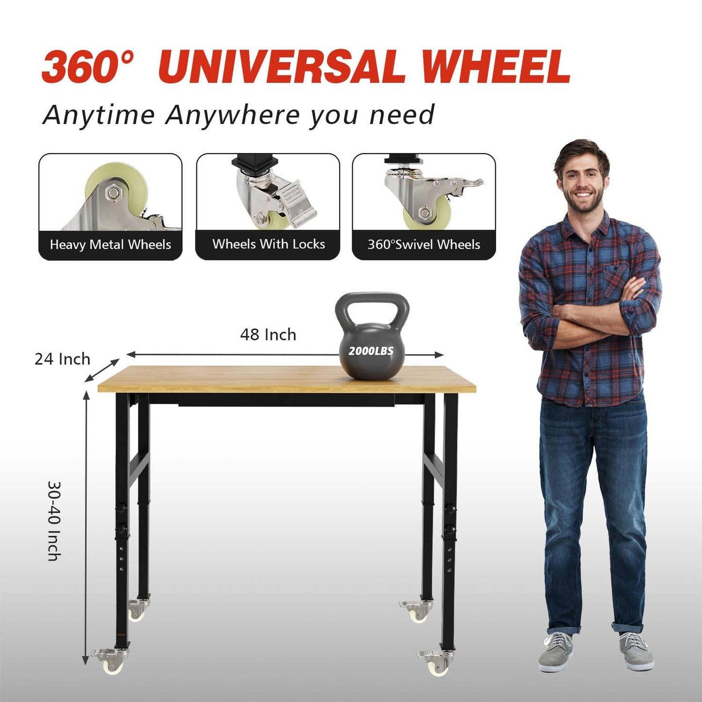 48" Adjustable Workbench, Rubber Wood Top Heavy-Duty Workstation, 2000 LBS Load Capacity Hardwood Worktable with Power Outlets, for Workshop, Garage, Office, Home (48in Workbench with a drawe - WoodArtSupply